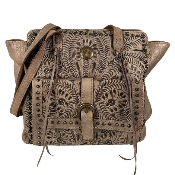 American West Tooled Leather Shoulder Bag Purse Taupe Tassel Western Rodeo Tote - Picture 1 of 16